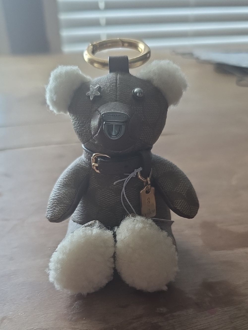 NWT Coach Brown Leather Teddy Bear Keychain with Cream Shearling